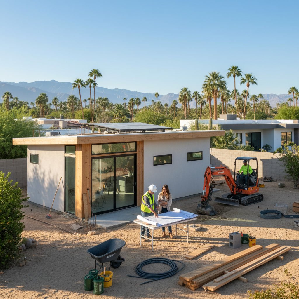 Completed ADU in Palm Desert with desert landscaping and modern exterior